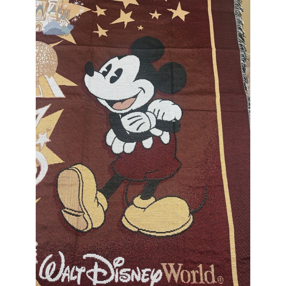 Disney Walt Disney World Mickey Mouse Woven Tapestry Throw Blanket Fringe Icons